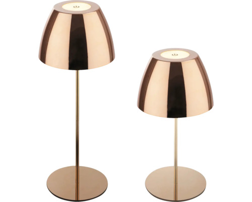 Deux lampes de table avec abat-jour métallique, pied et interrupteur tactile intégré sur le dessus de l’abat-jour.