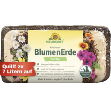Terreau sans tourbe Neudorff Kokohum, bloc pressé de fibres de coco, donne 7 litres de terreau, sans danger pour les humains et les animaux.