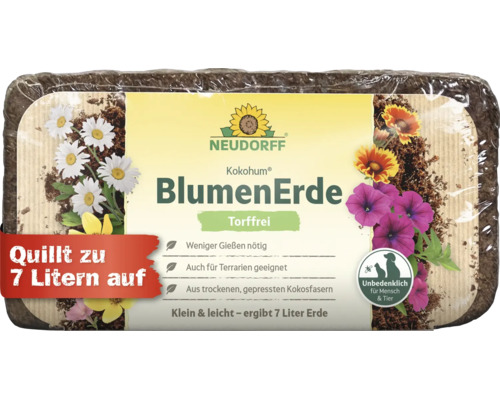 Terreau sans tourbe Neudorff Kokohum, bloc pressé de fibres de coco, donne 7 litres de terreau, sans danger pour les humains et les animaux.