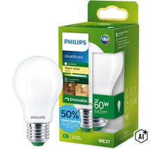 Ampoule LED Philips E27, 4 Watts remplace 60 Watts, blanc chaud, dimmable, longue durée de vie de 50000 heures, classe d efficacité A. (Image AI modified or generated)