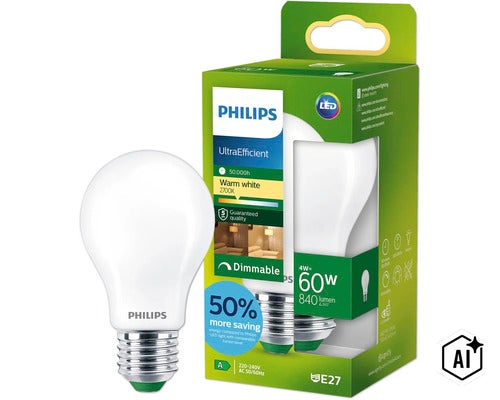 Ampoule LED Philips E27, 4 Watts remplace 60 Watts, blanc chaud, dimmable, longue durée de vie de 50000 heures, classe d efficacité A. (Image AI modified or generated)