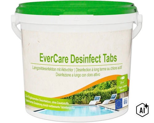 Seau en plastique EverCare Desinfect Tabs pour la désinfection de l eau de piscine avec chlore actif (Image AI modified or generated)