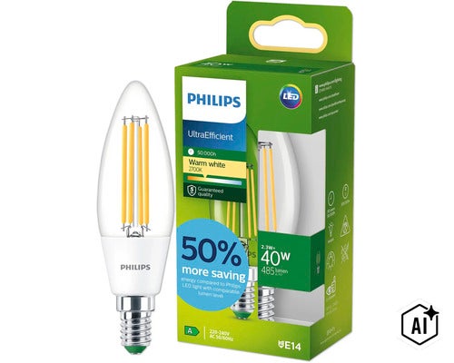 Ampoule LED flamme Philips E14 2,3 Watt, 485 lumens, blanc chaud 2700 Kelvin, filament UltraEfficient (Image AI modified or generated)
