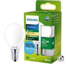 Lampe LED Philips E14 forme goutte, 2,3 Watt, blanc chaud 2700 Kelvin, 485 Lumen, remplace 40 Watt. (Image AI modified or generated)