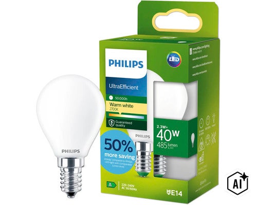 Lampe LED Philips E14 forme goutte, 2,3 Watt, blanc chaud 2700 Kelvin, 485 Lumen, remplace 40 Watt. (Image AI modified or generated)