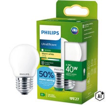 Philips UltraEfficient LED Leuchtmittel E27 Tropfenform 2,3 Watt entspricht 40 Watt warmweiß 2700 Kelvin 485 Lumen in Produktverpackung (Image AI modified or generated)