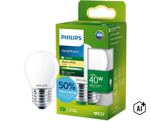 Philips UltraEfficient LED Leuchtmittel E27 Tropfenform 2,3 Watt entspricht 40 Watt warmweiß 2700 Kelvin 485 Lumen in Produktverpackung (Image AI modified or generated)