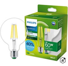 Ampoule LED globe Philips, 4 watts remplace 60 watts, 840 lumens, 4000 kelvins, culot E27, UltraEfficient (Image AI modified or generated)