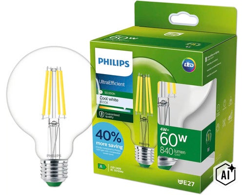Philips LED Globe Lampe, 4 Watt ersetzt 60 Watt, 840 Lumen, 4000 Kelvin, E27 Sockel, UltraEfficient (Image AI modified or generated)