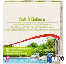Emballage de produit de traitement de piscine Soft et Balance pour une eau stable avec label Flustix Recyclable et Made in European Union (Image AI modified or generated)