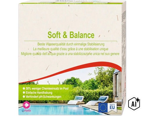 Emballage de produit de traitement de piscine Soft et Balance pour une eau stable avec label Flustix Recyclable et Made in European Union (Image AI modified or generated)