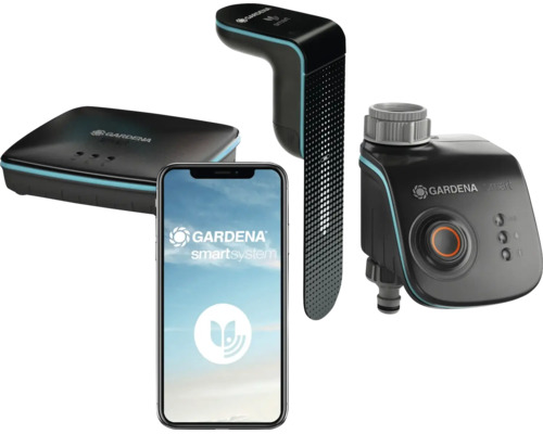 Kit Gardena smart system incluant programmateur d arrosage, capteur et passerelle pour un arrosage automatique via application smartphone.