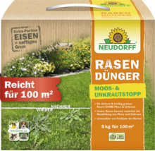 Engrais pour gazon Neudorff anti mousse et mauvaises herbes 5 kilogrammes boîte pour 100 mètres carrés