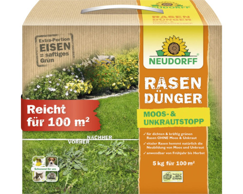 Engrais pour gazon Neudorff anti mousse et mauvaises herbes 5 kilogrammes boîte pour 100 mètres carrés