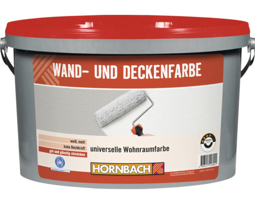 Seau de peinture murale et plafond Hornbach, peinture d interieur mate blanche a haut pouvoir couvrant, incluant le label Blauer Engel.