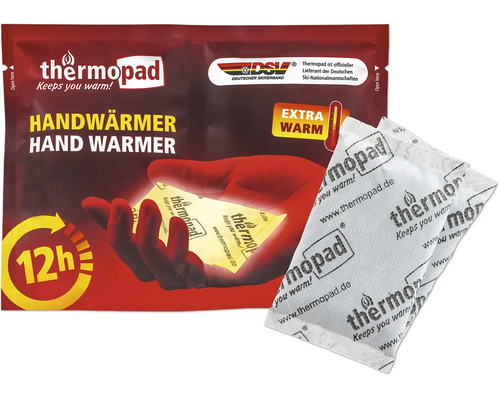 Chauffe-mains Thermopad avec 12 heures de chaleur dans l emballage incluant un chauffe-mains déballé.