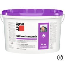 Baumit Silikonharzputz Eimer mit 25 Kilogramm Inhalt fuer dekorative Wandflaechen im Aussenbereich mit Kratzputzstruktur. (Image AI modified or generated)