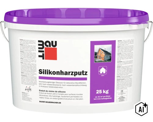 Baumit Silikonharzputz Eimer mit 25 Kilogramm Inhalt fuer dekorative Wandflaechen im Aussenbereich mit Kratzputzstruktur. (Image AI modified or generated)
