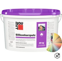 Baumit Silikonharzputz Eimer 25 Kilogramm gebrauchsfertiger Oberputz für dekorative Wandflächen im Außenbereich (Image AI modified or generated)