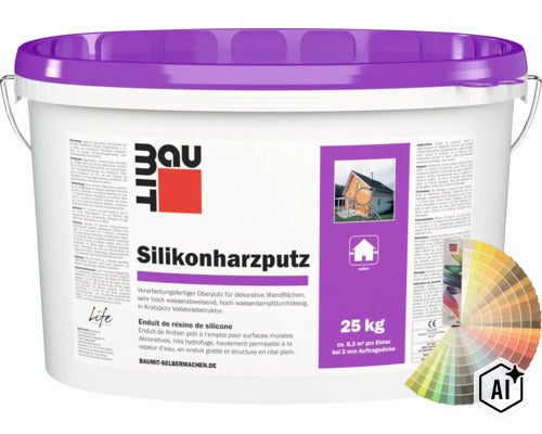 Baumit Silikonharzputz Eimer 25 Kilogramm gebrauchsfertiger Oberputz für dekorative Wandflächen im Außenbereich (Image AI modified or generated)