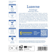Saatgut Packung Luzerne Gruenduenger von Kiepenkerl zur Aussaat von Medicago sativa inklusive Informationen zu Anbau und Pflege auf der Rueckseite.