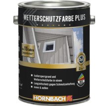 Un pot de peinture de protection contre les intempéries Plus Hornbach pour intérieur et extérieur avec 15 ans de protection longue durée.