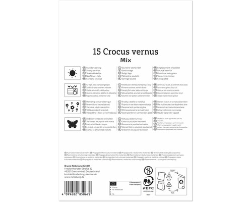 Rückseite der Verpackung von 15 Crocus vernus Blumenzwiebeln mit Pflanzanleitung, Symbolen zu Standort, Eignung und Umweltzeichen.