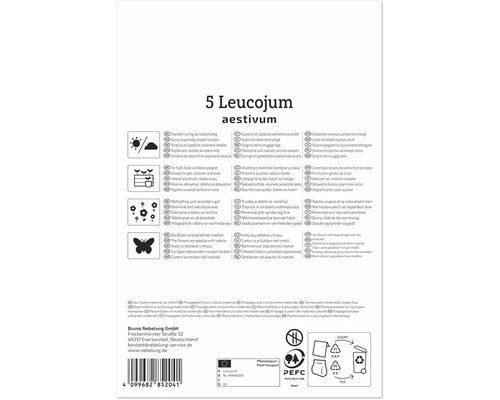 Emballage de produit pour 5 bulbes de Leucojum aestivum avec instructions de plantation et informations sur le recyclage.