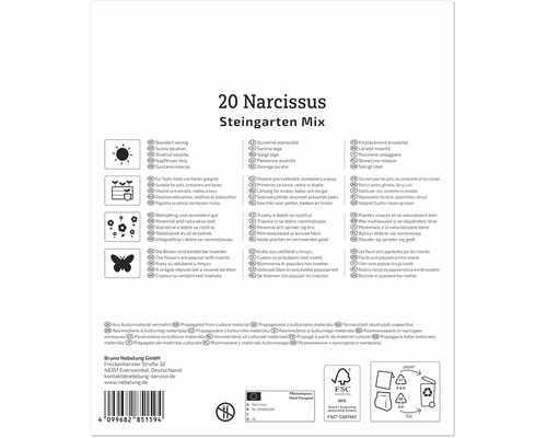Dos d'un emballage de 20 narcisses mélange pour jardin de rocaille avec des pictogrammes sur l'emplacement, l'usage, la croissance et les insectes.