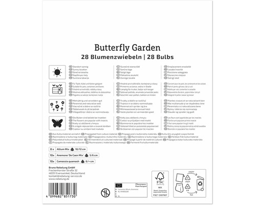 Dos de l emballage pour bulbes de fleurs Butterfly Garden avec informations de plantation contenu et informations sur le fabricant
