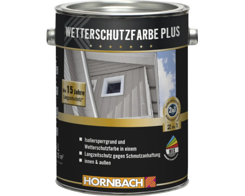 Un pot de peinture de protection contre les intempéries Plus Hornbach pour intérieur et extérieur avec 15 ans de protection longue durée.
