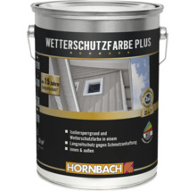 Un pot de peinture de protection contre les intempéries Hornbach Plus pour l'intérieur et l'extérieur avec protection longue durée.