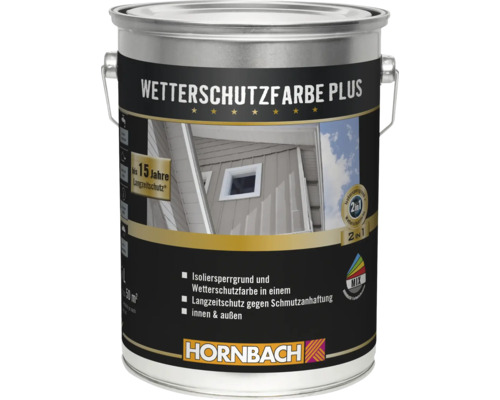 Un pot de peinture de protection contre les intempéries Hornbach Plus pour l'intérieur et l'extérieur avec protection longue durée.