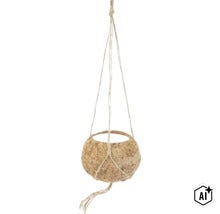 Panier suspendu en fibre de coco avec suspension en corde pour présentation de plantes (Image AI modified or generated)