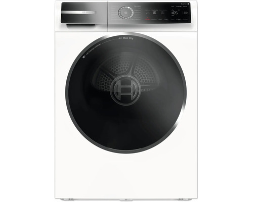 Sèche-linge à pompe à chaleur Bosch Série 8 avec fonction Air Max Dry et condenseur autonettoyant pour un séchage efficace.