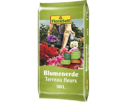 Terreau pour fleurs FloraSelf 50 litres pour fleurs et plantes dans un sac pratique.