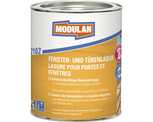Pot de lasure pour portes et fenêtres Modulan, lasure de rénovation à couche moyenne pour éléments en bois extérieurs avec protection UV.
