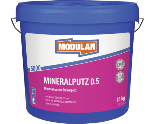 Enduit décoratif minéral Modulan 5000 0.5 en seau de 15 kilogrammes avec grain de 0,5 millimètre prêt à l'emploi pour l'intérieur.