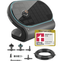 Kit d arrosage solaire Gardena AquaBloom avec unité de commande, tuyau et goutteurs incluant le label de qualité Stiftung Warentest.
