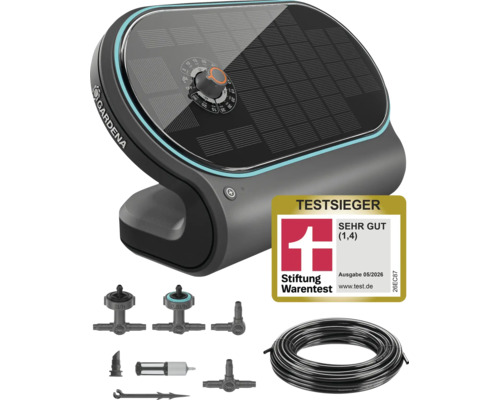 Kit d arrosage solaire Gardena AquaBloom avec unité de commande, tuyau et goutteurs incluant le label de qualité Stiftung Warentest.