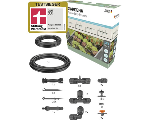 Kit d'arrosage goutte à goutte GARDENA pour potagers surélevés et rangées avec accessoires et distinction de Stiftung Warentest