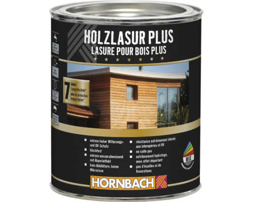 Dose Holzlasur Plus von Hornbach für extremen Witterungsschutz und UV Schutz mit sieben Jahren Langzeitschutz für Holz im Außenbereich