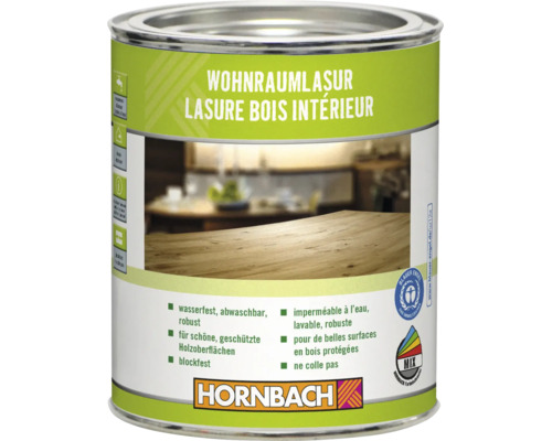 Pot de lasure bois intérieur avec logo Hornbach et labels environnementaux.