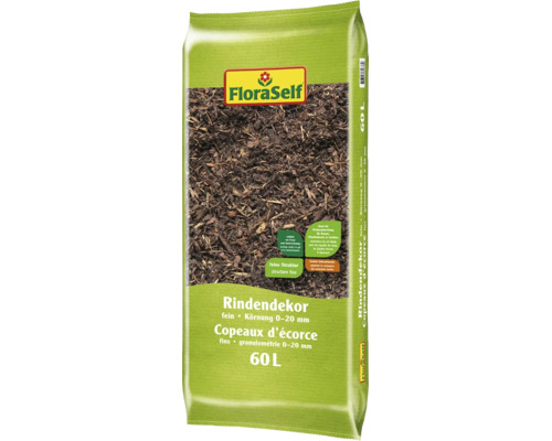 FloraSelf copeaux d ecorce fins 60 litres sac pour couverture de sol avec une granulometrie de 0 a 20 millimetres.