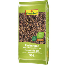 Écorce de pin FloraSelf moyenne granulométrie 15 à 25 millimètres sac de 50 litres pour couverture de sol décorative au jardin