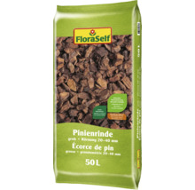 Sac de 50 litres d'écorce de pin grossière avec une granulométrie de 20 à 40 millimètres pour le paillage de jardin de FloraSelf.