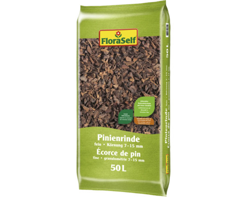 Écorce de pin fine FloraSelf 50 litres, granulométrie 7 à 15 millimètres comme revêtement de sol décoratif pour le jardin.