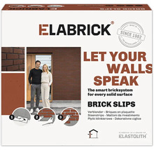 Emballage de plaquettes de parement Elabrick avec illustrations d'application sur une façade et guide de pose pour les briques.