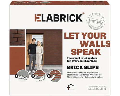 Emballage de plaquettes de parement Elabrick avec illustrations d'application sur une façade et guide de pose pour les briques.
