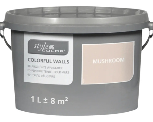 Seau de peinture murale Style Color Colorful Walls teinte Mushroom, contenance 1 litre pour environ 8 mètres carrés.